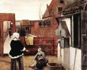 皮特尔 德 胡格 : Woman and Maid in a Courtyard
